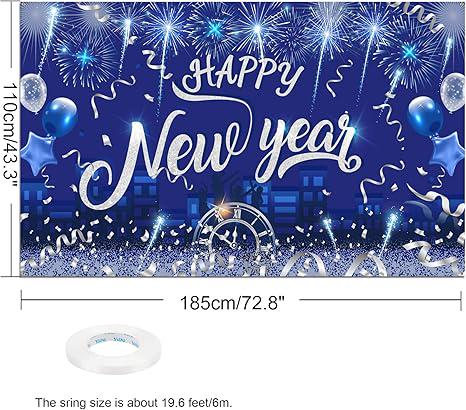 Silver Happy New Year Backdrop Banner Large Fabric NYE Party Decor
