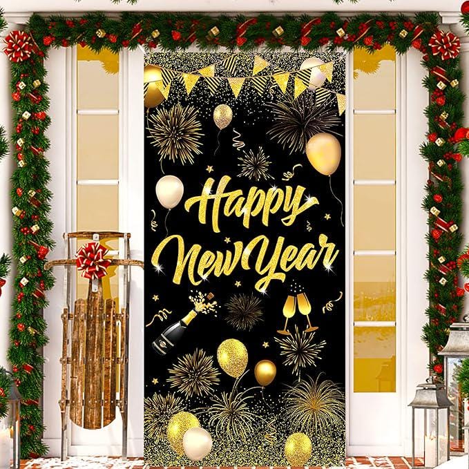 Happy New Year Door Cover Banner 2025 Black Gold 73x36 Inch Party Decor