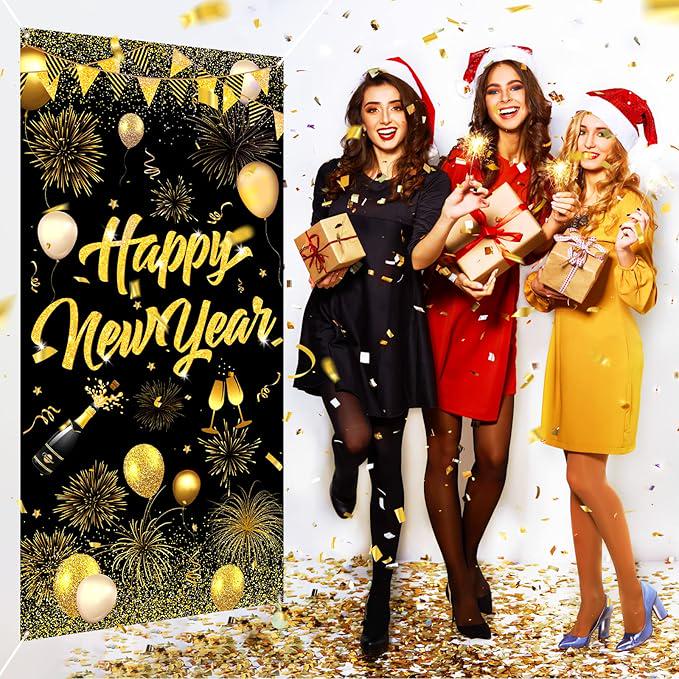 Happy New Year Door Cover Banner 2025 Black Gold 73x36 Inch Party Decor