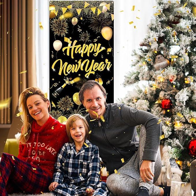 Happy New Year Door Cover Banner 2025 Black Gold 73x36 Inch Party Decor