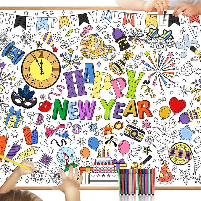 Happy New Year Coloring Poster 2026 Jumbo Banner with 24 Paint Pens for Kids