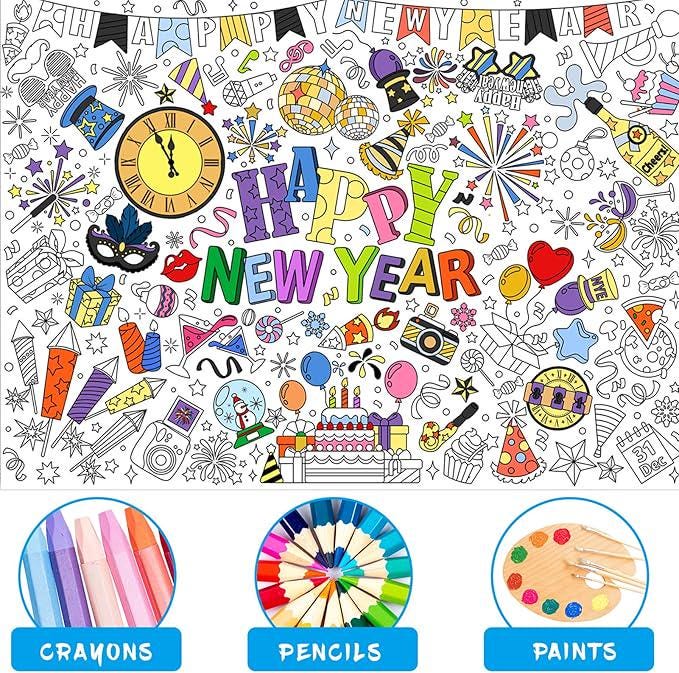 Happy New Year Coloring Poster 2026 Jumbo Banner with 24 Paint Pens for Kids