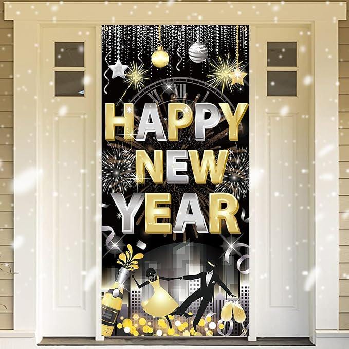 Black Gold Happy New Year Door Cover Banner 2026 NYE Party Decorations