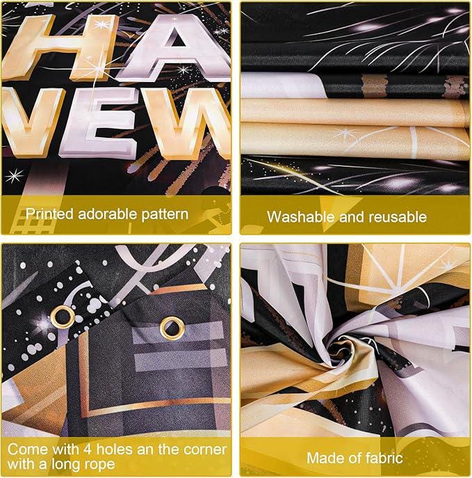 Black Gold Happy New Year Door Cover Banner 2026 NYE Party Decorations