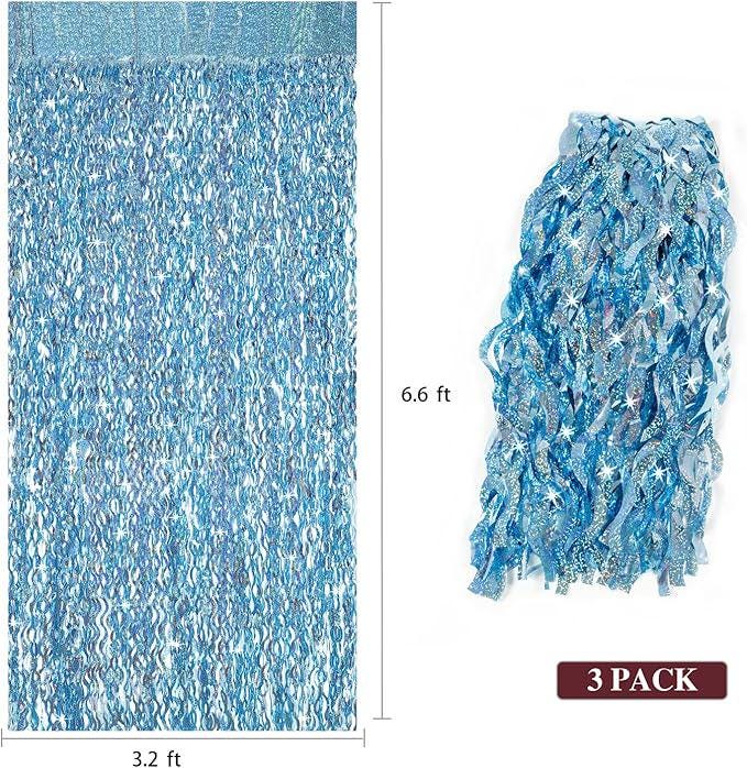 Blue Tinsel Fringe Backdrop 3 Pack 3.3x6.6ft Baby Shower & Underwater Party Decor