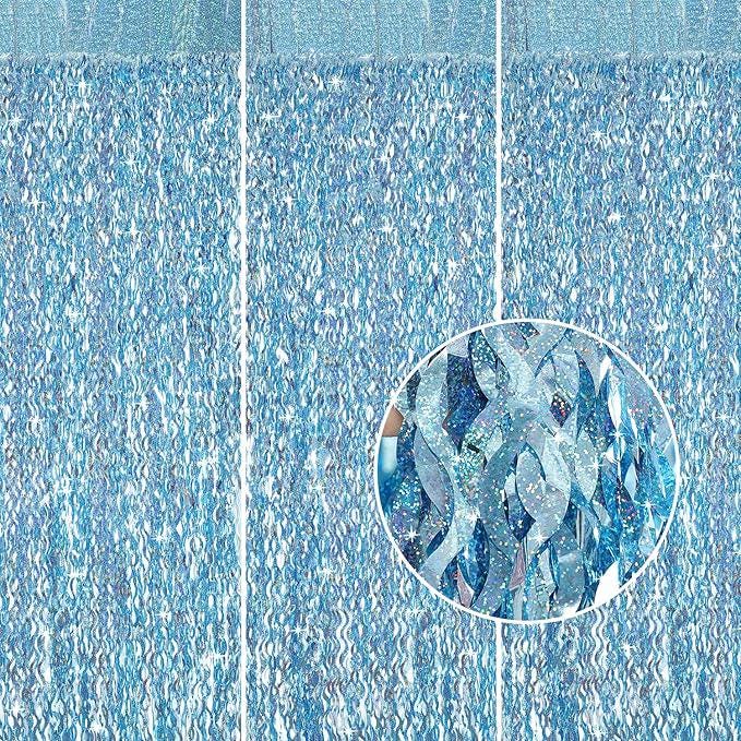 Blue Tinsel Fringe Backdrop 3 Pack 3.3x6.6ft Baby Shower & Underwater Party Decor