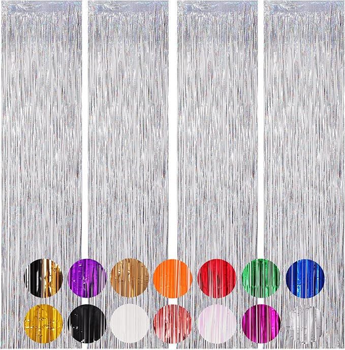 Laser Silver Tinsel Backdrop 4 Pack Foil Fringe Curtains for Party Decor