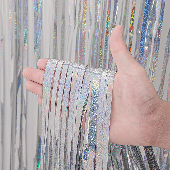 Laser Silver Tinsel Backdrop 4 Pack Foil Fringe Curtains for Party Decor
