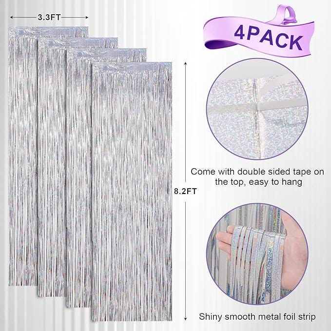 Laser Silver Tinsel Backdrop 4 Pack Foil Fringe Curtains for Party Decor