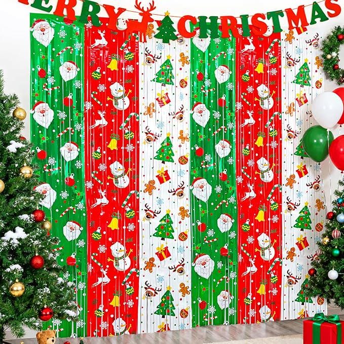 Red Green White Christmas Tinsel Backdrop 3 Pack 3.3x6.6ft Holiday Party Decor