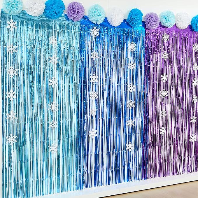 Blue Purple Snowflake Party Decorations 21PCS Tinsel Backdrop & Pom Pom Set