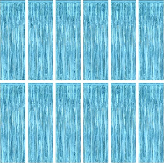 Sky Blue Tinsel Backdrop 12 Pack 3.3x7ft Metallic Fringe Curtains for Party Decor