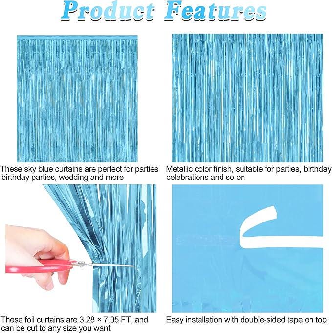 Sky Blue Tinsel Backdrop 12 Pack 3.3x7ft Metallic Fringe Curtains for Party Decor