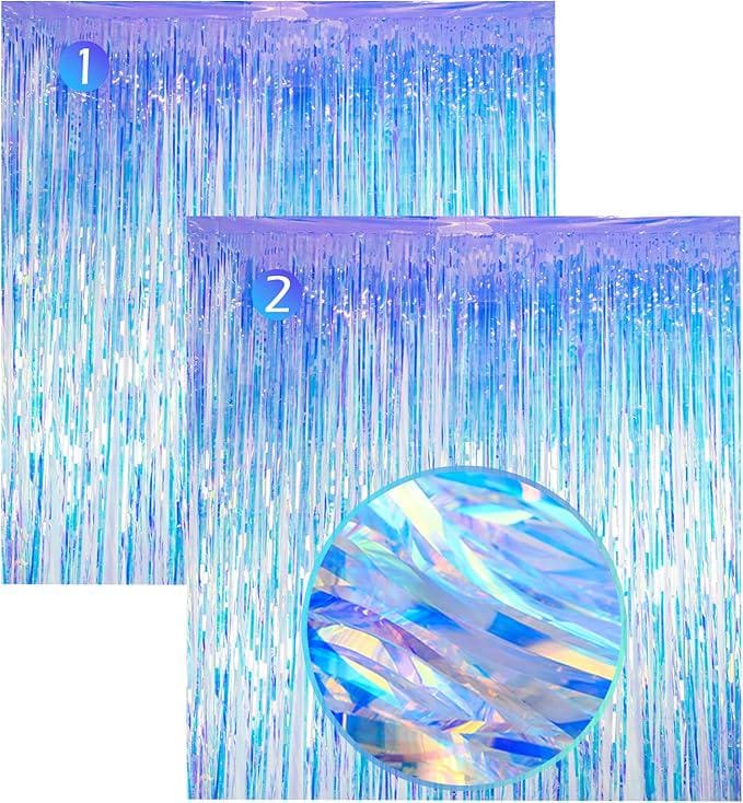 Iridescent Tinsel Fringe 2 Pack 3.3x3.3ft Holographic Backdrop for Party Decor