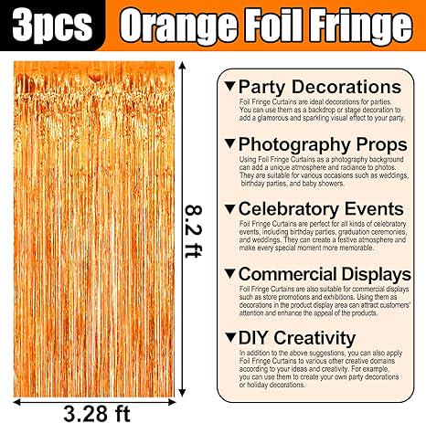 Orange Tinsel Backdrop 3 Pack 3.3x8.2ft Foil Fringe Curtains for Party Decor