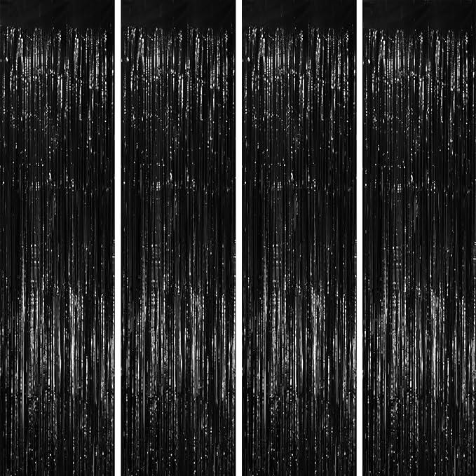 Black Tinsel Backdrop 4 Pack Foil Fringe Curtains for Birthday & Party Decor