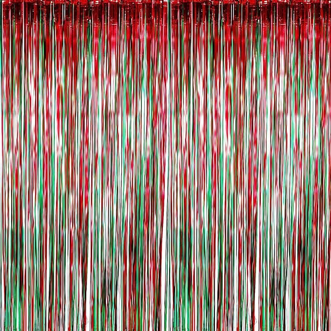 Red & Green Metallic Tinsel Backdrop 4 Pack Foil Fringe Curtains for Party Decor