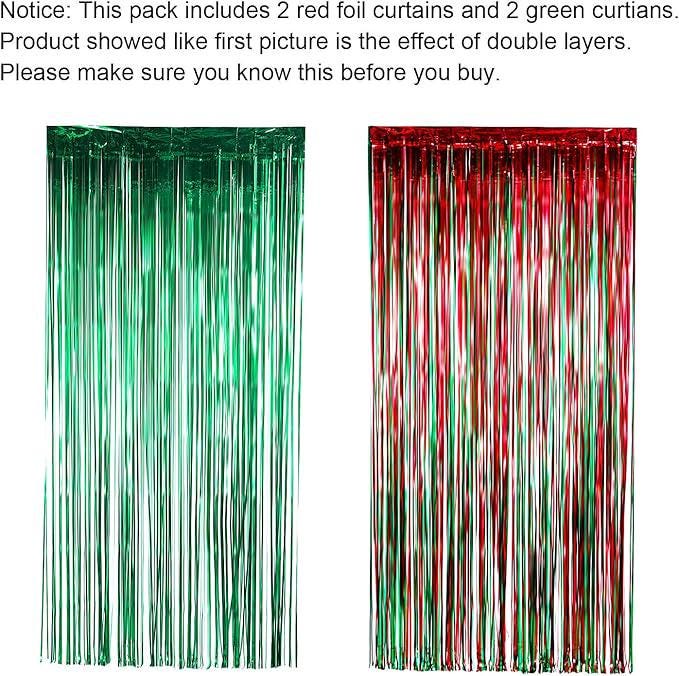 Red & Green Metallic Tinsel Backdrop 4 Pack Foil Fringe Curtains for Party Decor