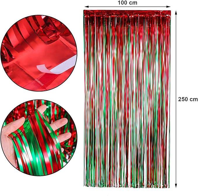 Red & Green Metallic Tinsel Backdrop 4 Pack Foil Fringe Curtains for Party Decor