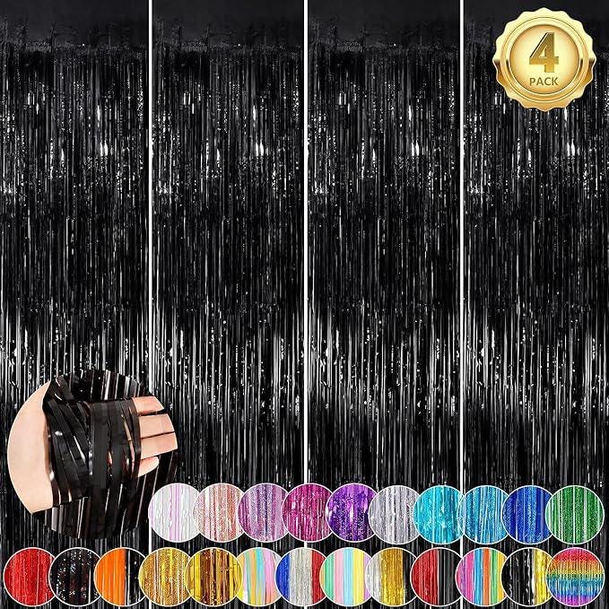 Black Tinsel Backdrop 4 Pack 3.3x8.3ft Foil Fringe Curtains for Party Decor