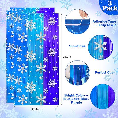 Snowflake Tinsel Backdrop 3 Pack 3.3x6.6ft Frozen Winter Birthday Party Decor