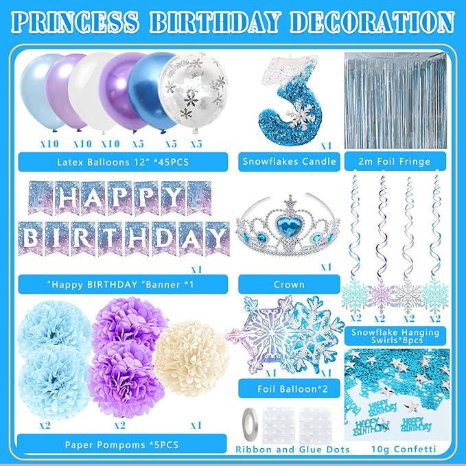 Winter Snow 3rd Birthday Party Supplies for Girls with Balloons, Candle & Decor