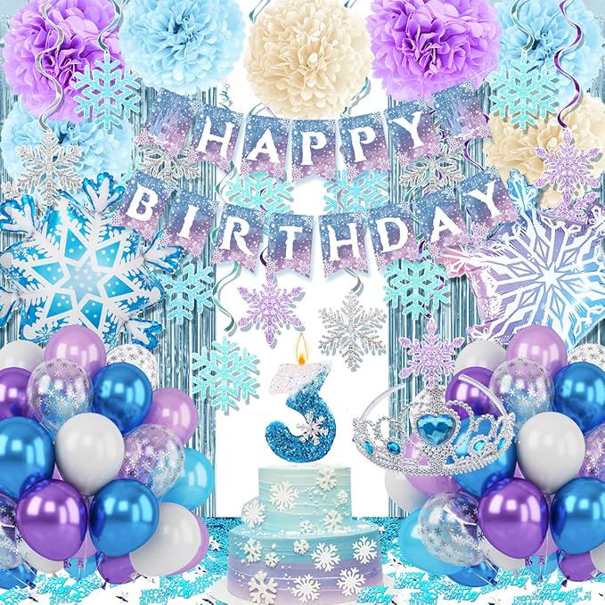 Winter Snow 3rd Birthday Party Supplies for Girls with Balloons, Candle & Decor