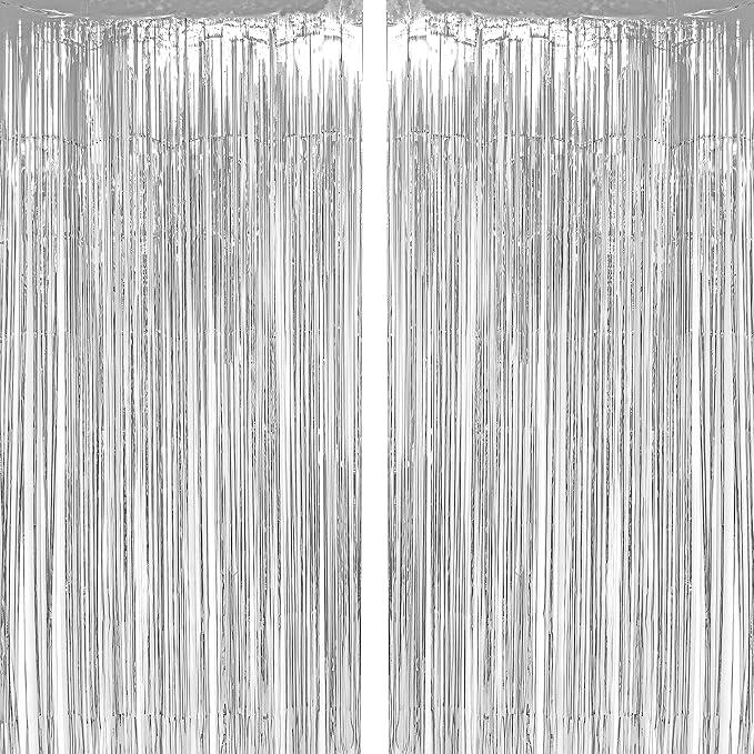 Silver Tinsel Fringe Backdrop 2 Pack for Wedding Anniversary Party Decor