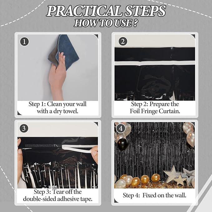 Black Tinsel Foil Backdrop 3 Pack 3.3x8.2ft Party & Photo Booth Decor