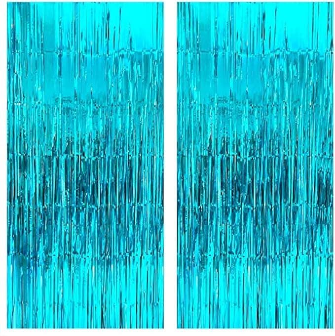 Blue Foil Fringe Backdrop 2 Pack 3.2x8ft Under the Sea & Beach Party Decor