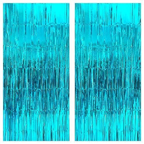 Blue Foil Fringe Backdrop 2 Pack 3.2x8ft Under the Sea & Beach Party Decor