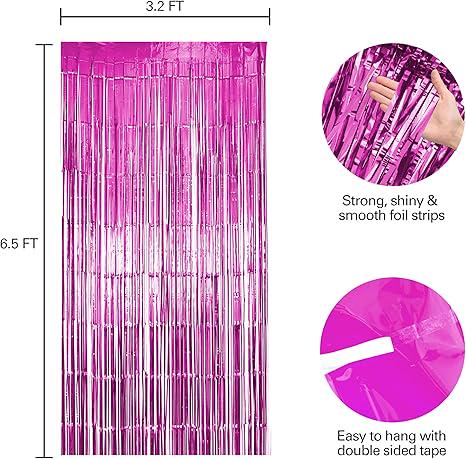 Pink Tinsel Backdrop 6 Pack Fringe Curtains for Birthday, Baby Shower & Party Decor