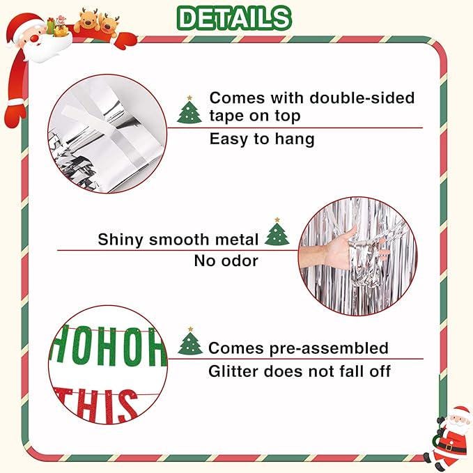 Red Green Christmas Party Decor with Funny HoHoHo Banner & Silver Fringe Backdrop
