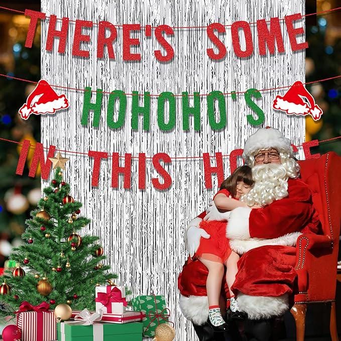 Red Green Christmas Party Decor with Funny HoHoHo Banner & Silver Fringe Backdrop