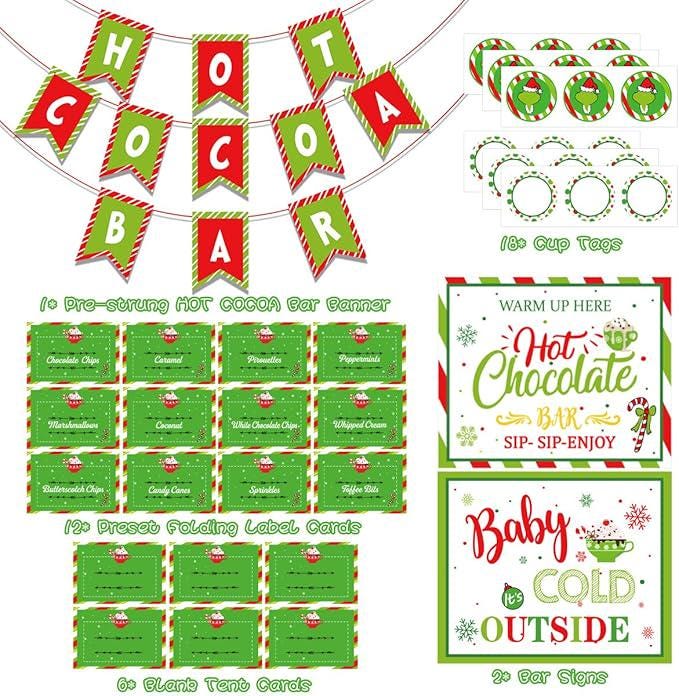 Winter Hot Chocolate Bar Kit with Red Green Banner, Labels & Cup Tags