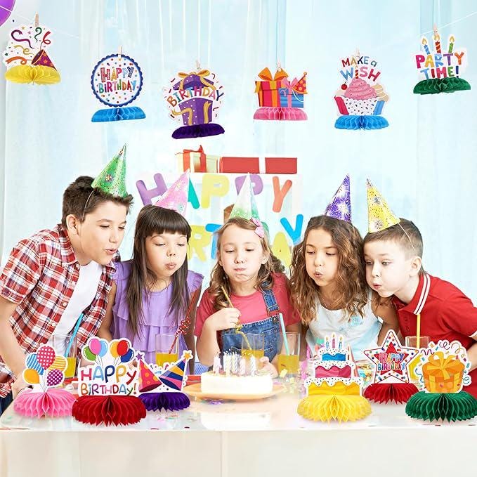 12 PCS Colorful Happy Birthday Table Centerpieces Honeycomb Toppers for Kids Party