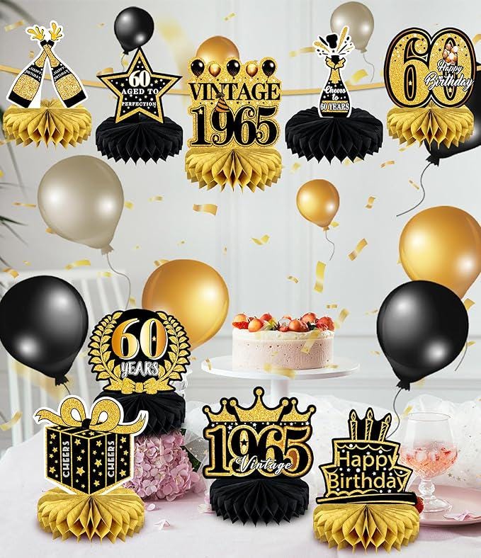 9 PCS 60th Birthday Table Centerpieces Black and Gold Honeycomb Party Decor