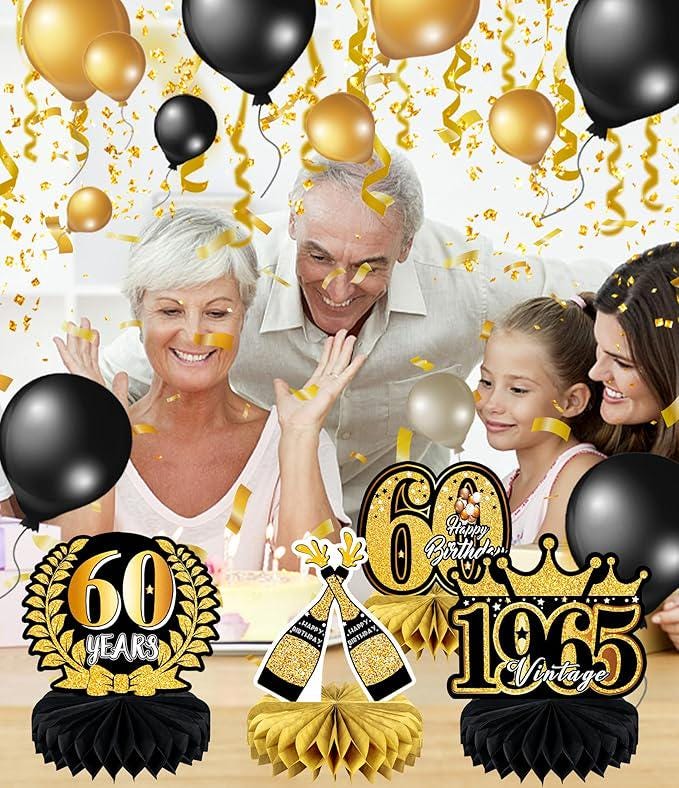9 PCS 60th Birthday Table Centerpieces Black and Gold Honeycomb Party Decor