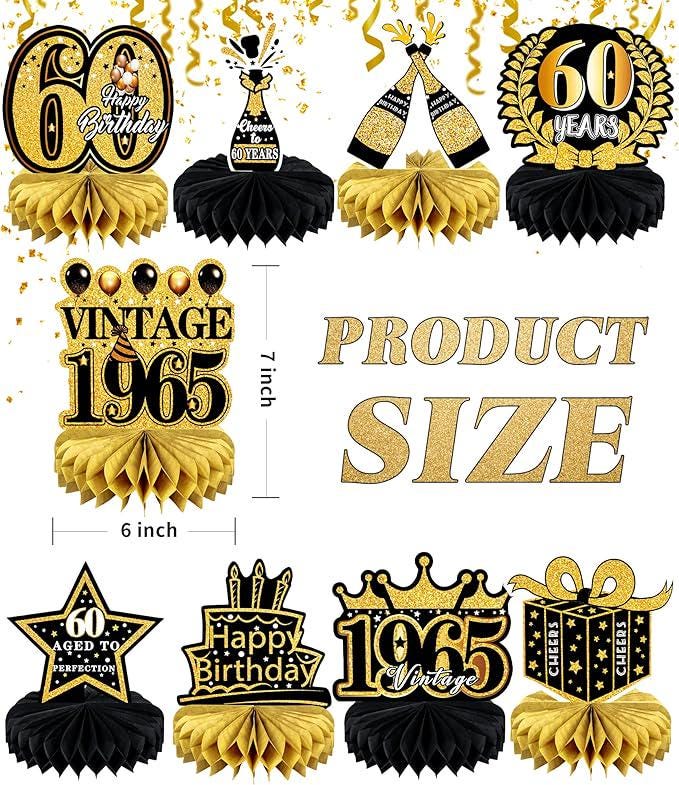 9 PCS 60th Birthday Table Centerpieces Black and Gold Honeycomb Party Decor