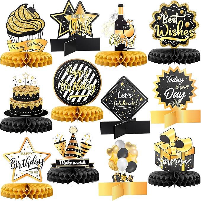 12 PCS Black & Gold Happy Birthday Table Centerpieces Double-Sided Party Decor