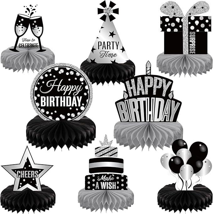8 PCS Silver & Black Birthday Honeycomb Table Centerpieces Party Decor for Kids and Adults
