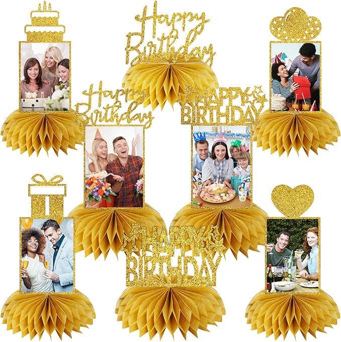 8 PCS Gold Glitter Honeycomb Birthday Centerpieces Photo Table Toppers for Adults
