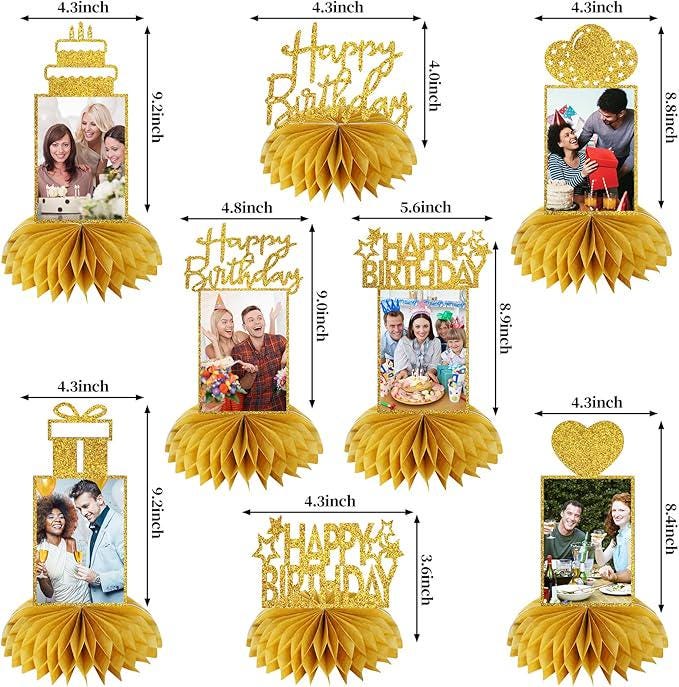 8 PCS Gold Glitter Honeycomb Birthday Centerpieces Photo Table Toppers for Adults