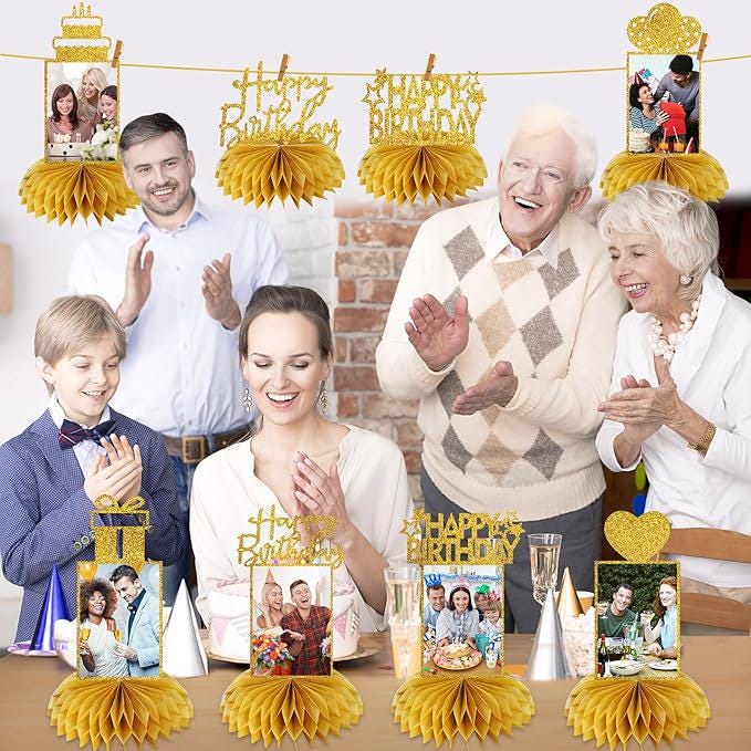 8 PCS Gold Glitter Honeycomb Birthday Centerpieces Photo Table Toppers for Adults