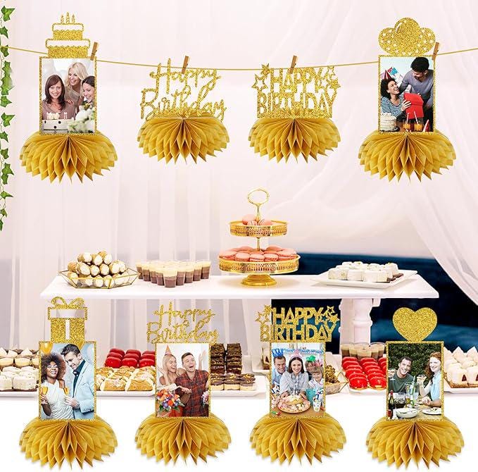 8 PCS Gold Glitter Honeycomb Birthday Centerpieces Photo Table Toppers for Adults
