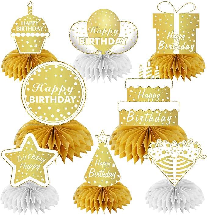 8 PCS White & Gold Happy Birthday Table Centerpieces Elegant Party Decor for Adults