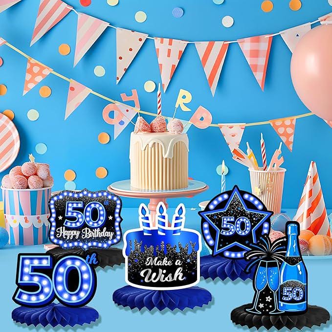 9 PCS 50th Birthday Blue Neon Honeycomb Table Centerpieces Party Decor for Adults
