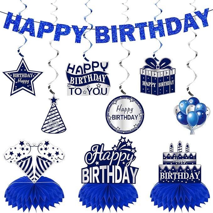 11 PCS Blue & Silver Happy Birthday Party Decorations Kit Centerpieces Banner and Table Toppers