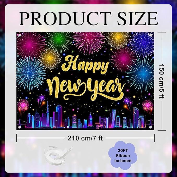 Multicolor 2026 Happy New Year Banner Fireworks Cityscape Party Backdrop 7x5ft