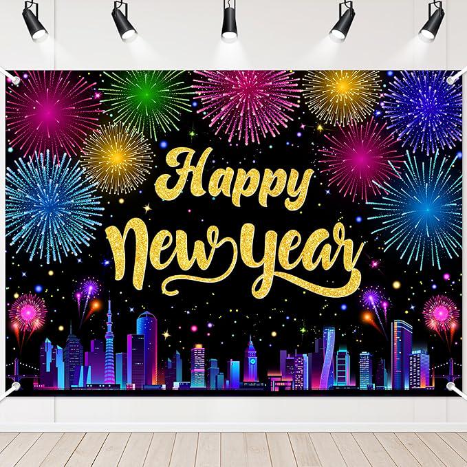 Multicolor 2026 Happy New Year Banner Fireworks Cityscape Party Backdrop 7x5ft